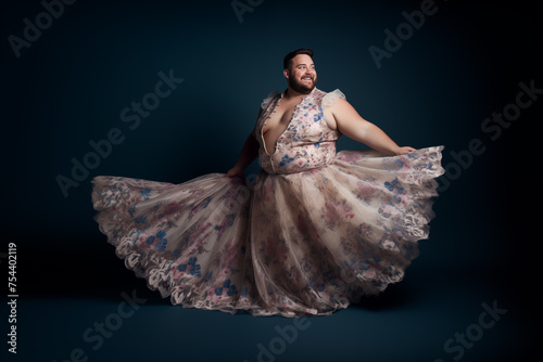 LGBT, chubby man with short-haired, Wearing a long and flowing lace dress with confidence