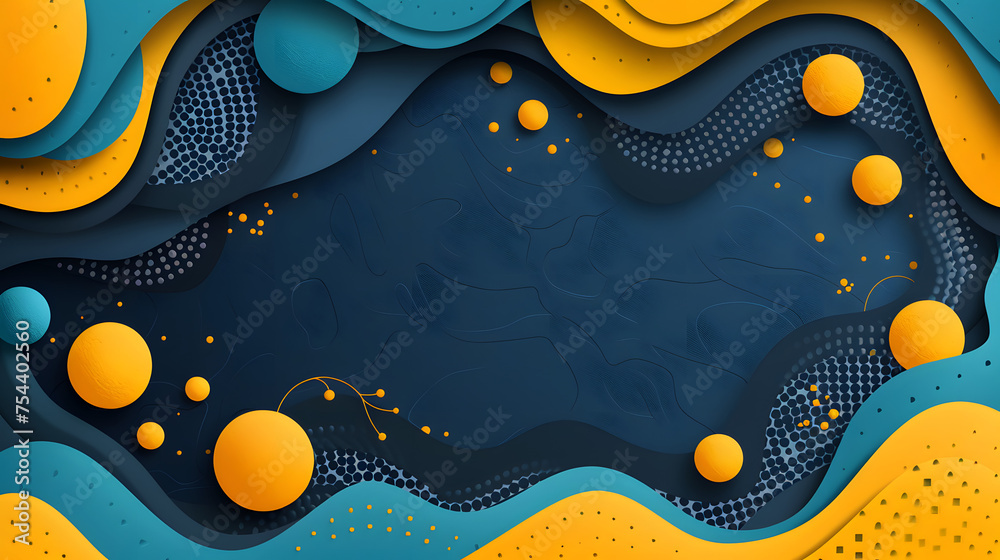 Abstract Geometric Landscape with Layered Waves and Circles in Blue and Yellow