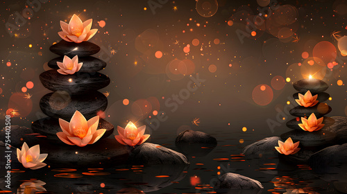 Serene Zen Garden with Lotus Flowers on Stacked Stones and Magical Glowing Lights