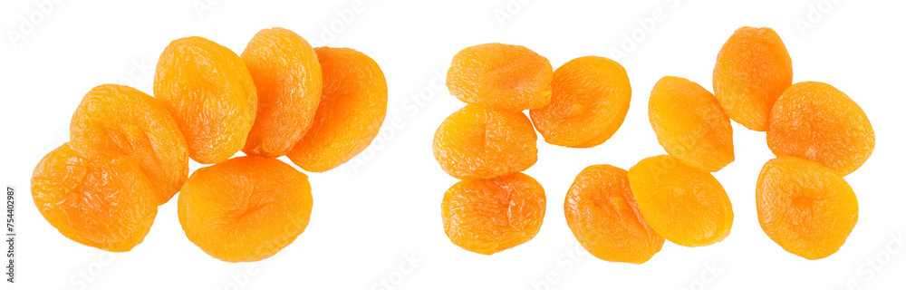 Dried apricots isolated on white background with full depth of field. Top view. Flat lay - obrazy, fototapety, plakaty 