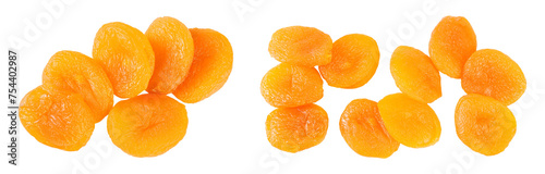 Dried apricots isolated on white background with full depth of field. Top view. Flat lay