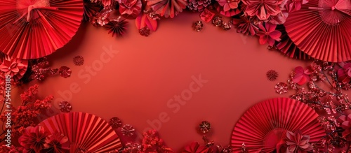 Asia traditional cultural decoration red paper fans and flowers