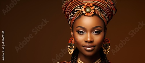 A young African Zulu woman wearing a colorful, intricate headdress and ornate jewelry, standing against a brown background. She exudes cultural pride and elegance. photo