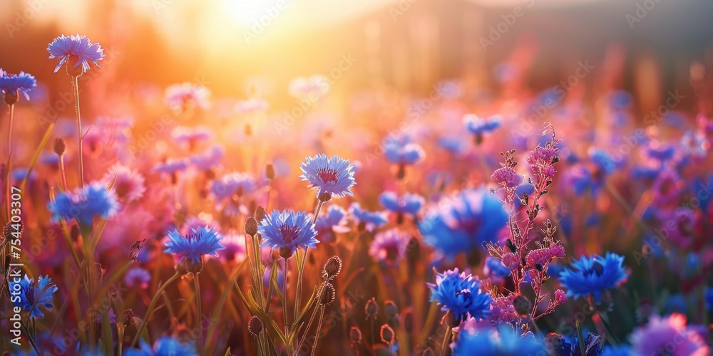 Serenity Sunset Over Blue and Purple Flower Field on a Summer Evening