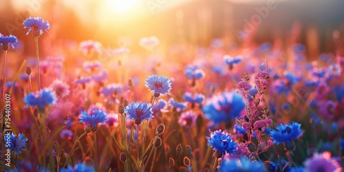 Serenity Sunset Over Blue and Purple Flower Field on a Summer Evening