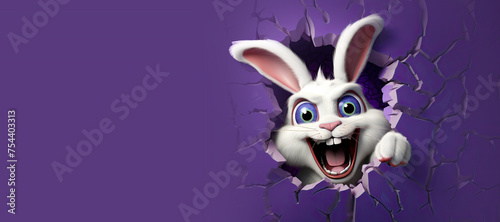 Scary Evil Mad Cartoon Easter Bunny Breaking though a Wall with Space for Copy