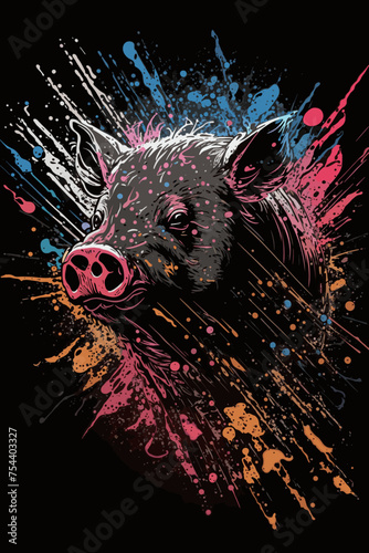 Pig Design In Color Splash Style. Farm Animal In Nature.