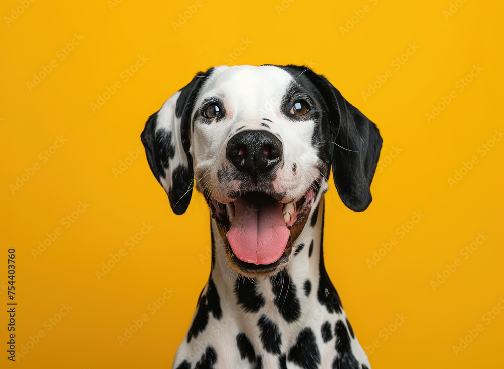 A black and white dog with a pink tongue is smiling at the camera. The dog's eyes are wide open, and it is happy and content