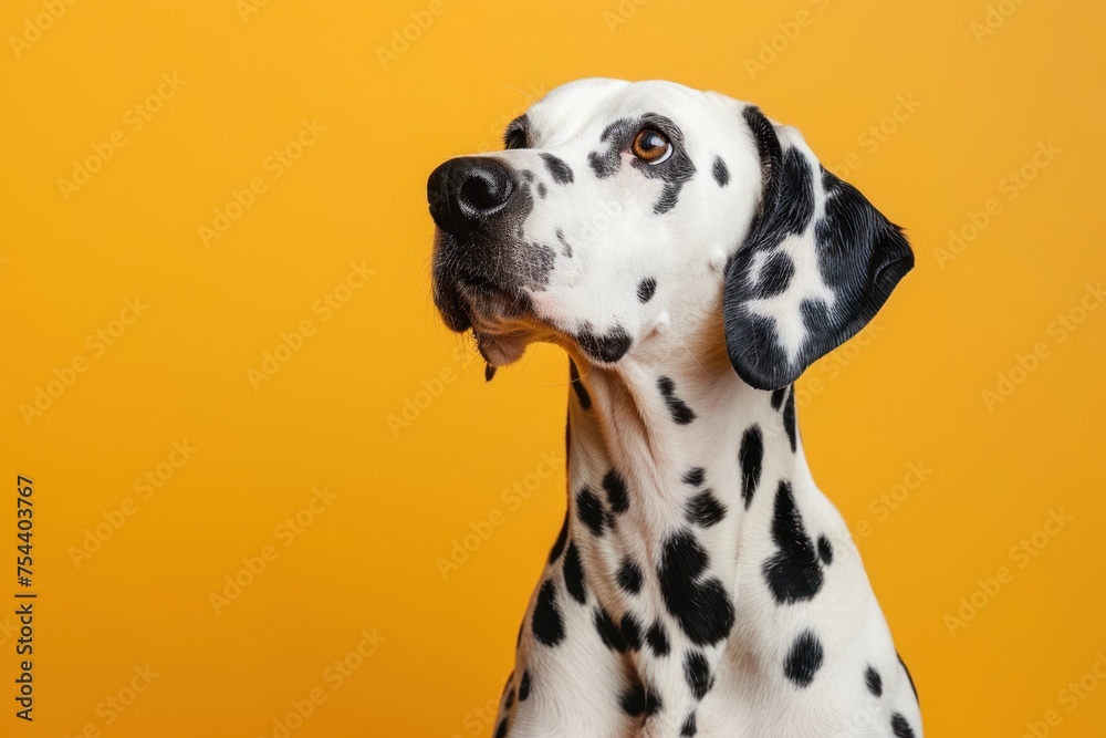 A Dalmatian dog with black and white spots is looking at the camera. The dog is standing on a yellow background