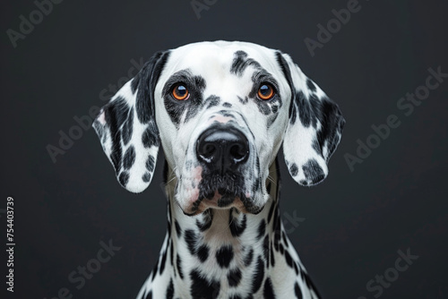 A black and white dog with brown eyes. The dog is looking directly at the camera
