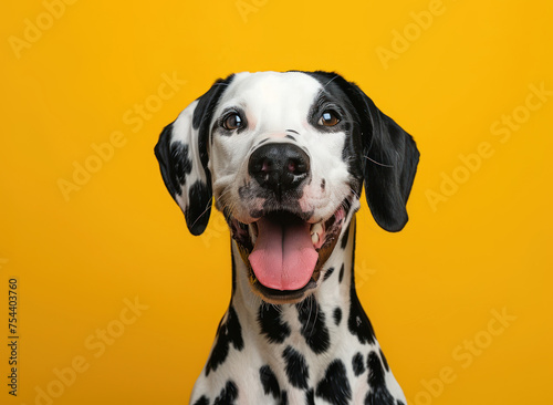 A black and white dog with a pink tongue is smiling at the camera. The dog's eyes are wide open, and it is happy and content © Woraphon
