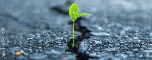 Thriving Microgreen Sprout Breaking Through the Pavement: A Symbol of Resilience and Growth. Concept Resilient Microgreen, Growth Through Pavement, Thriving Symbol, Breaking Through, Urban Farming photo