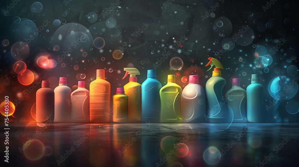 Cleaning Products with Colorful Light Bubbles - obrazy, fototapety, plakaty 