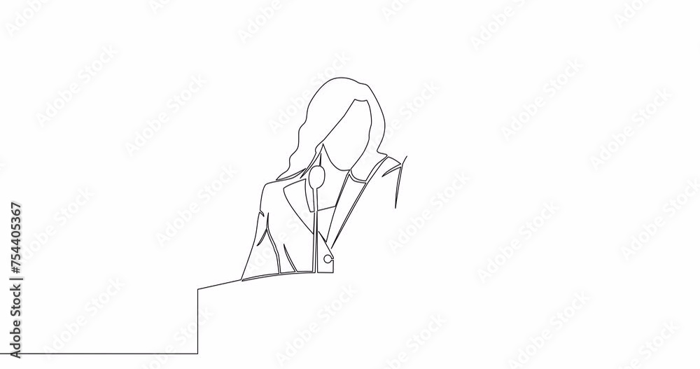 Self drawing line animation Politician woman standing behind rostrum and giving a speech continuous one single line drawn concept video