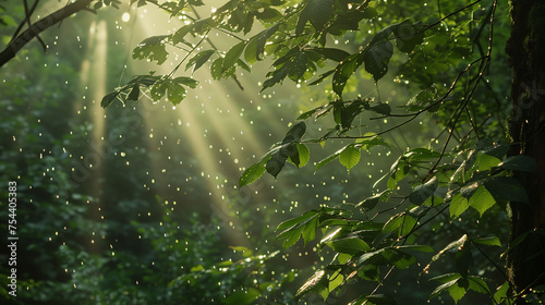 Raindrops fall on green leaves of a tree © SHUCKBLACK
