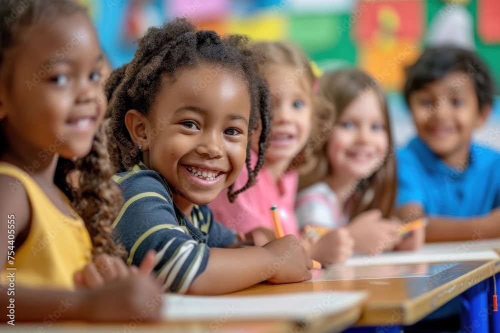 A group of cheerful children with diverse ethnic backgrounds in a classroom setting. A group of cheerful children with diverse ethnic backgrounds in a classroom setting.