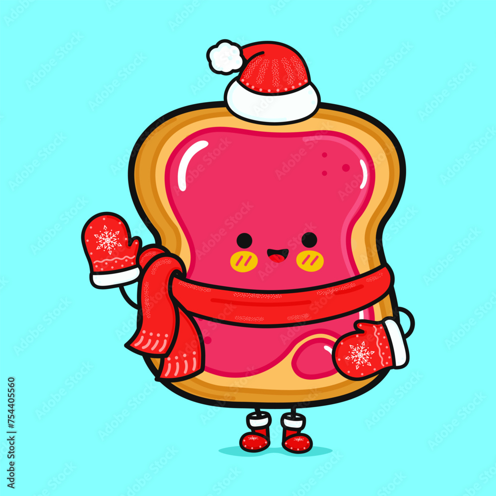 Funny smiling happy Toast piece of bread with jam christmas. Vector flat cartoon character illustration icon design. Isolated on blue background Funny smiling happy Toast piece of bread with jam christmas. Vector flat cartoon character illustration icon design. Isolated on blue background