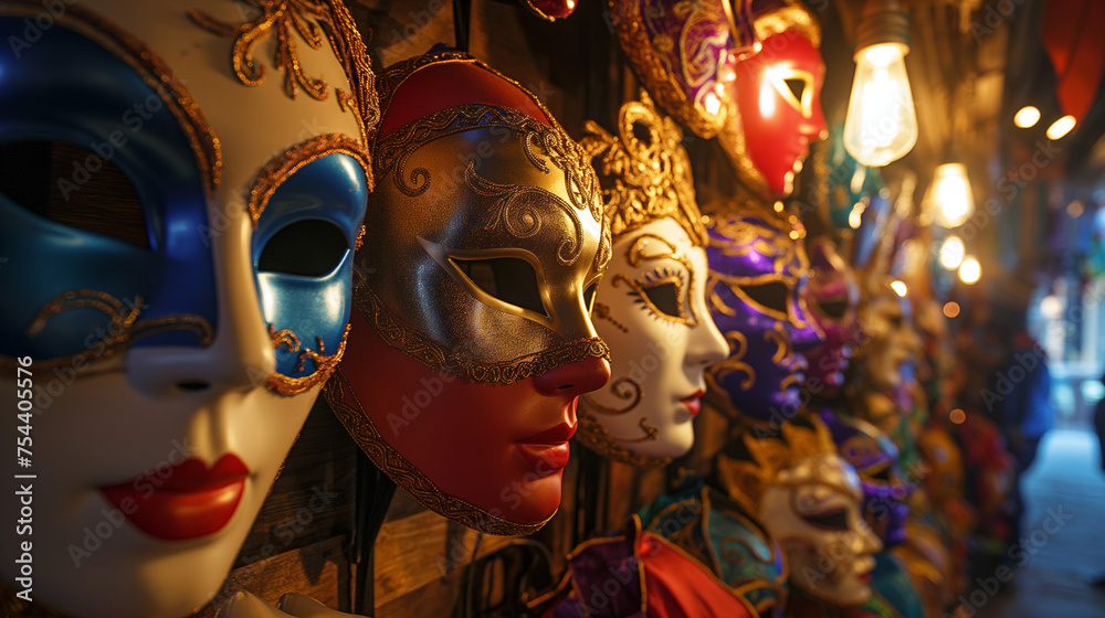 An assortment of colorful Venetian masks displayed in a local artisan shop