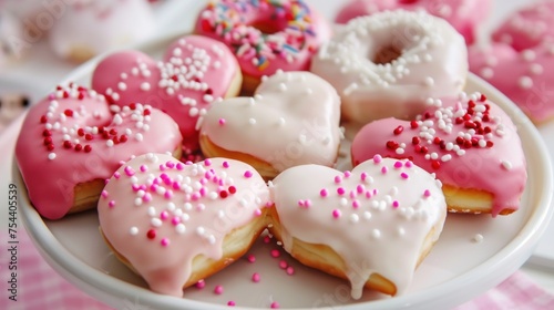 Delicious donuts sprinkled with messes on a plate, top view