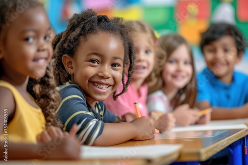 A group of cheerful children with diverse ethnic backgrounds in a classroom setting.