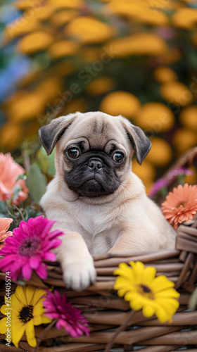  a single pug puppy sitting curiously in a basket