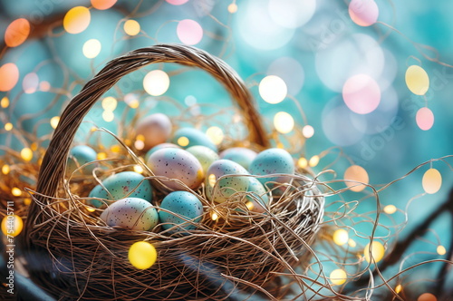 A close-up shot captures the delicate beauty of speckled eater eggs nestled in a rustic wicker basket, illuminated by the soft glow of twinkling fairy lights - AI generated