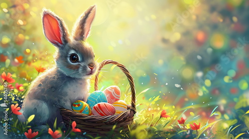 A painting showing a cute bunny sitting inside a basket filled with colorful Easter eggs. The bunny is surrounded by a festive spring atmosphere, symbolizing new life and growth - AI generated