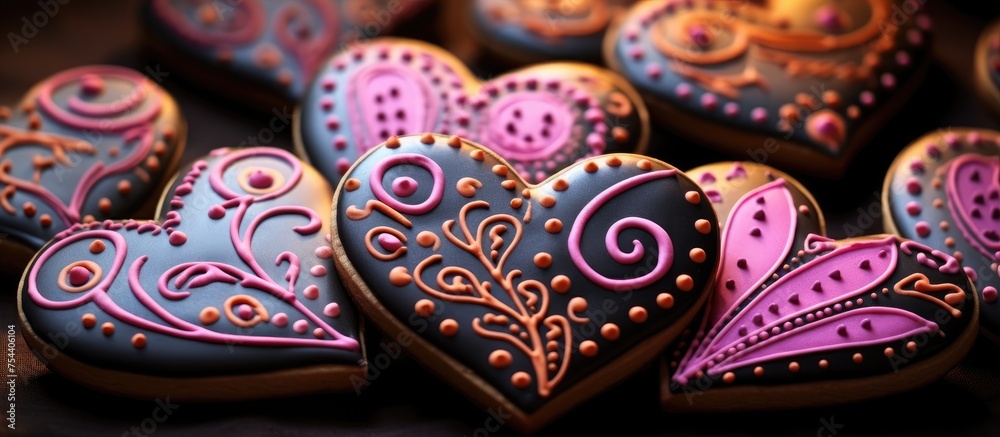 A group of heart shaped cookies are arranged neatly on top of a wooden table. The cookies appear to be freshly baked with a golden brown color and decorated with icing.