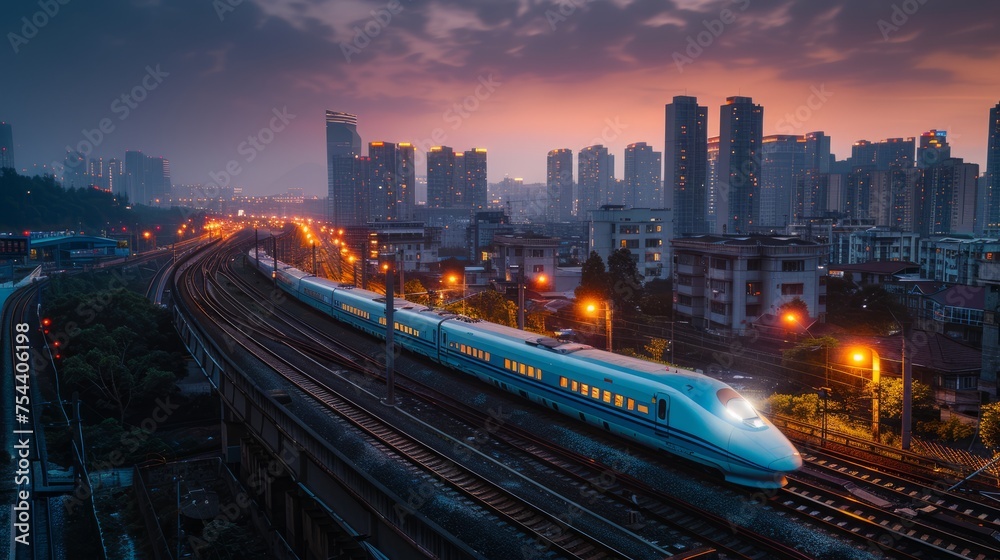 Fototapeta premium A modern bullet train races along elevated tracks above city roads at twilight, blending technology and urban life.