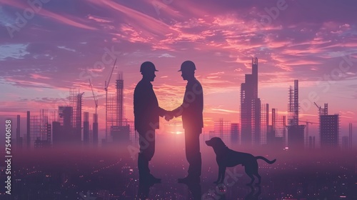 Joyful moment as a businessman and a robot  both in hardhats  and a dog celebrate a construction partnership with a handshake  sunrise backdrop