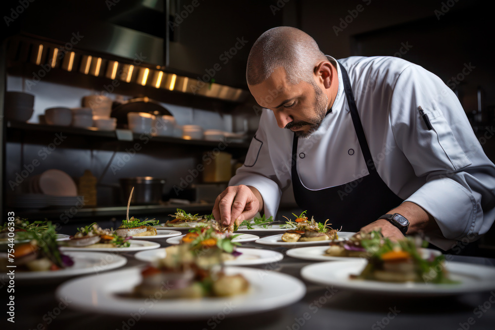 Chef’s Expert Hands in Stainless Kitchen Creating Delicious Gourmet Salad with Garnish Sauce Chef’s Expert Hands in Stainless Kitchen Creating Delicious Gourmet Salad with Garnish Sauce
