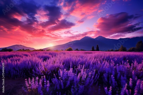 Purple twilight skies as the last rays of sunlight bid farewell. A tranquil mountain range, casting long shadows on a meadow filled with lavender flowers.