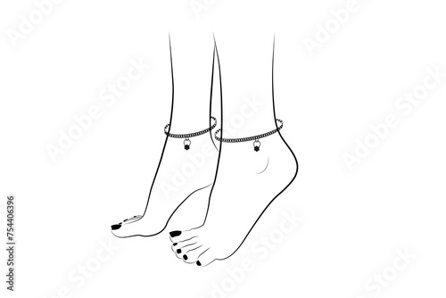Beautiful woman feet with anklets line drawing isolated on white background - vector illustration