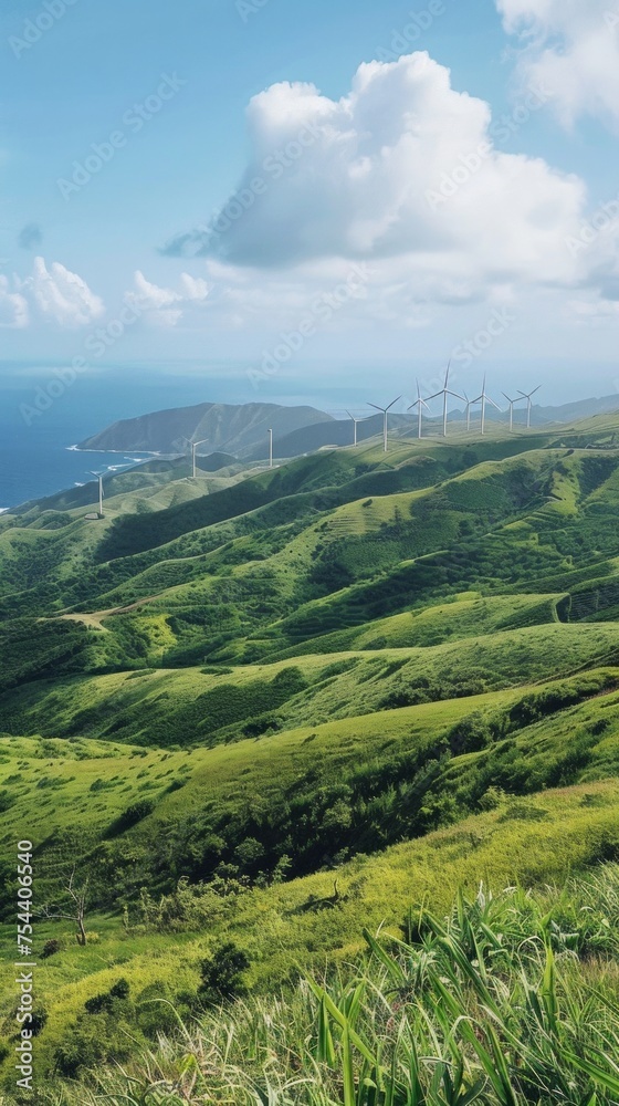 Wind turbines stand atop lush green hills with a panoramic view of the coast and sea, symbolizing sustainable energy generation. copy space