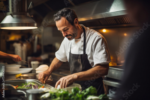 Professional Caucasian Male Chef Cooking Delicious Gourmet Italian Dish in a Restaurant Kitchen