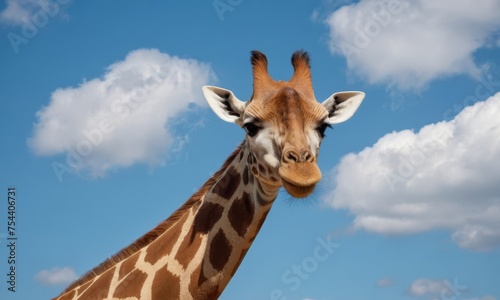 A giraffe is looking at the camera with its head tilted. The sky is blue and there are clouds in the background