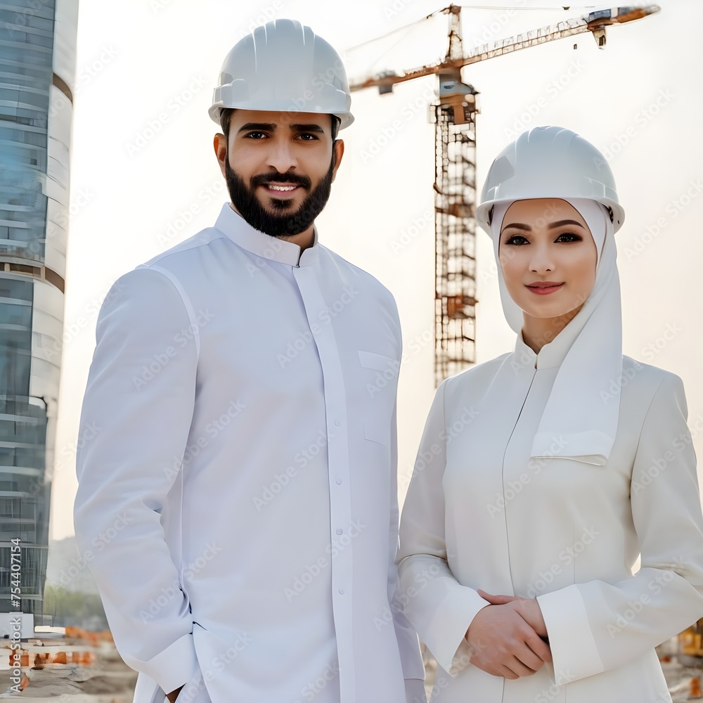 Construction Managers Overseeing Development at Urban Skyscraper Site in Daylight , Arabian investor