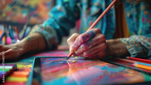 A close-up of a tattooed hand holding a stylus, digitally painting on a tablet among vibrant art supplies.