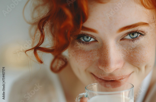 Close up portrait of a beautiful, cheerful redhead woman drinking milk from a glass 