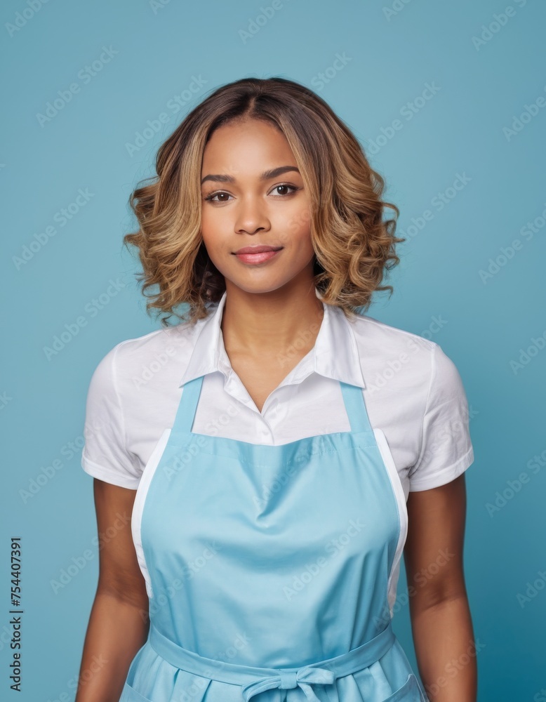 An african american young woman wearing a blue apron and a white shirt. She is smiling and looking at the camera. Blue studio background An african american young woman wearing a blue apron and a white shirt. She is smiling and looking at the camera. Blue studio background