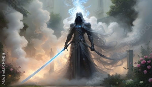 A (((shrouded cyber figure))) clad in swirling (((smoke))) looming menacingly, its features obscured, yet the might of a (massive sword) at the ready, poised as if to strike, evoking a sense of forebo