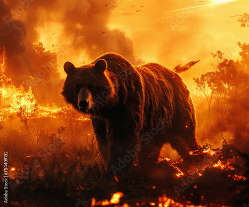 a bear in a burning forest