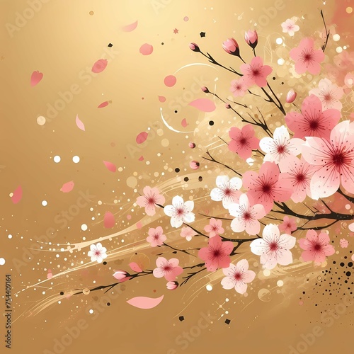 金の背景に飛び散る桜の花びら
