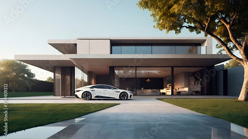 3D render of a modern house with electric car. Renewable energy concept