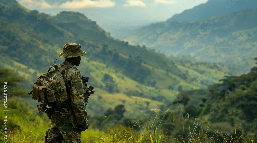 An armed soldier stands and looks at the green mountains