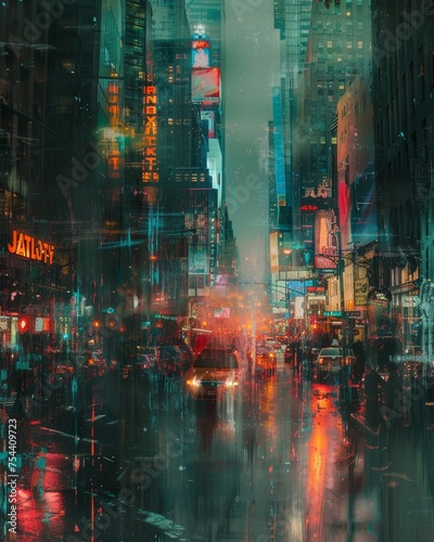 An abstract watercolor painting of a futuristic city with huge buildings at cold rainy sunset with street lights and glow, AI Generated.