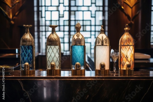 In the stylish art deco bar, vintage seltzer bottles are lined up on a marble table. The background is decorated with geometric patterns, and the lighting creates a spectacular contrast.