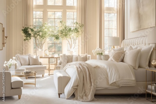 A bedroom retreat adorned in muted tones of cream and gold. Opulent furnishings, plush bedding, and soft ambient lighting, creating a haven of quiet sophistication.