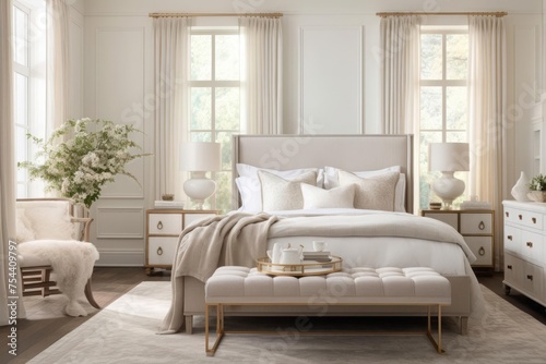 A bedroom retreat adorned in muted tones of cream and gold. Opulent furnishings  plush bedding  and soft ambient lighting  creating a haven of quiet sophistication.