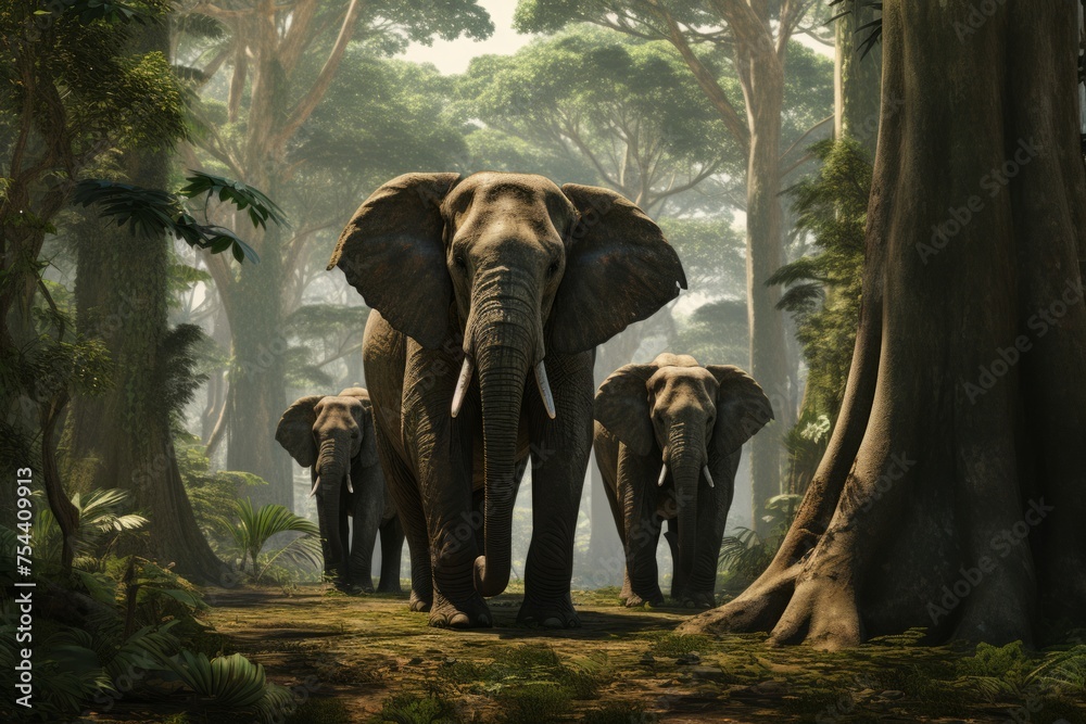 Fototapeta premium Elephant's in the beautiful forest full of lovely green trees.